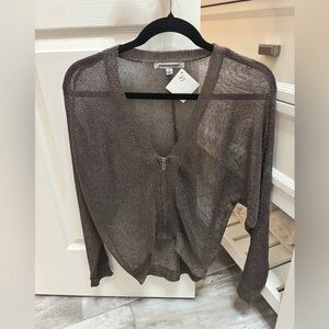 NWT Brown Metallic Open-Knit V-Neck Zip Cardigan